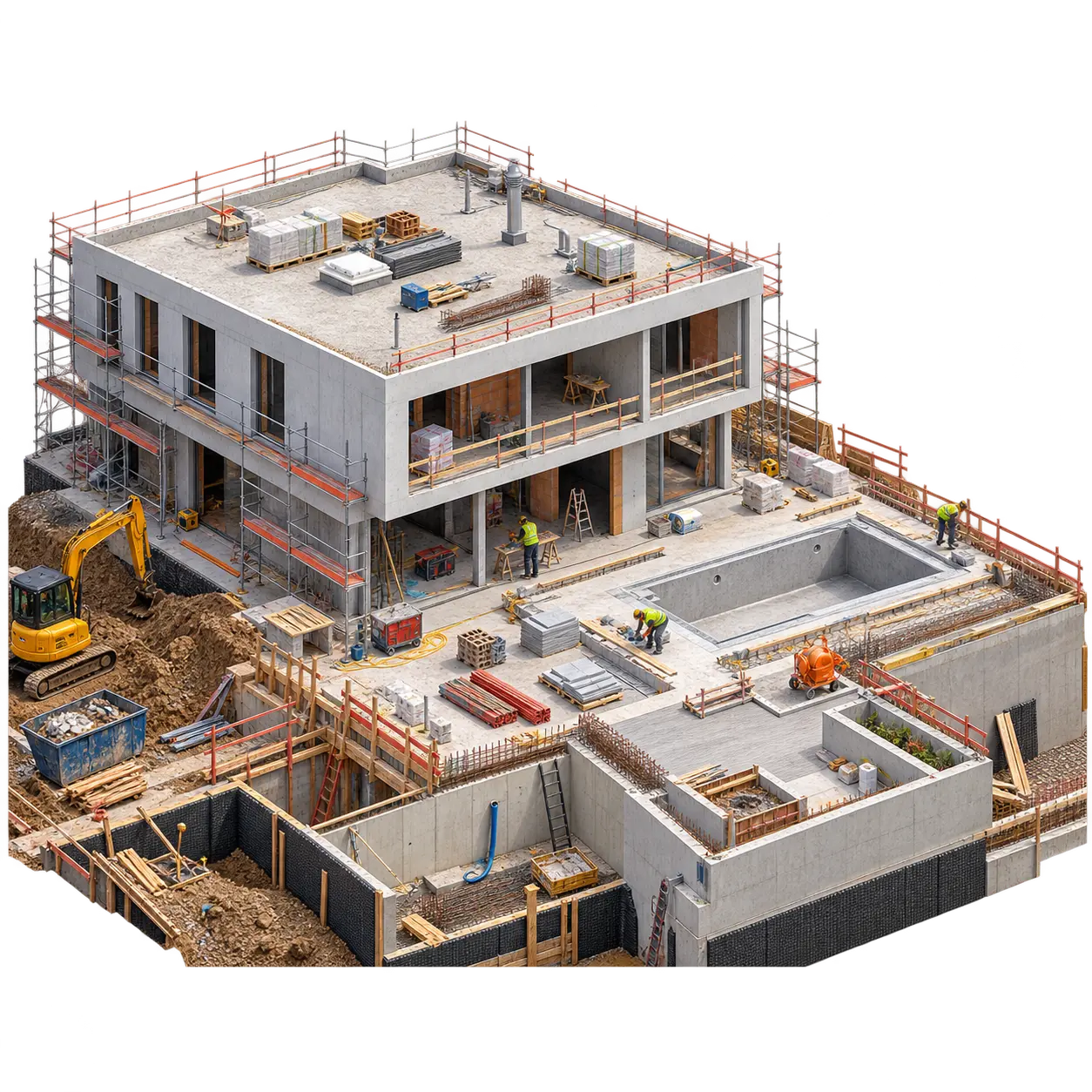 Immeuble en construction, vue en coupe du chantier