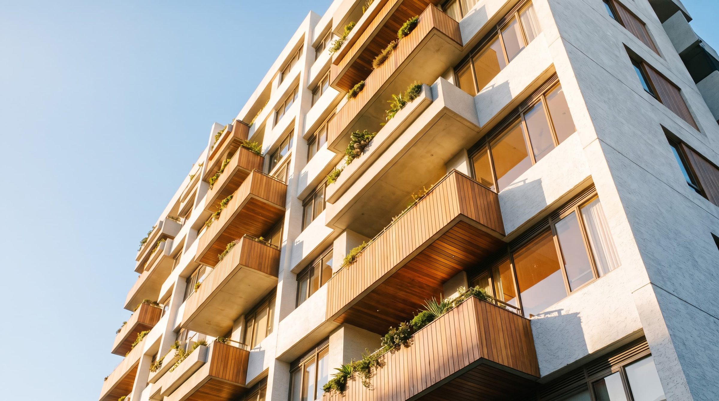 Façade d'immeuble moderne avec balcons en bois